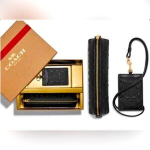 Coach Boxed Pencil Case & ID Lanyard Set in Signature Leather - Black